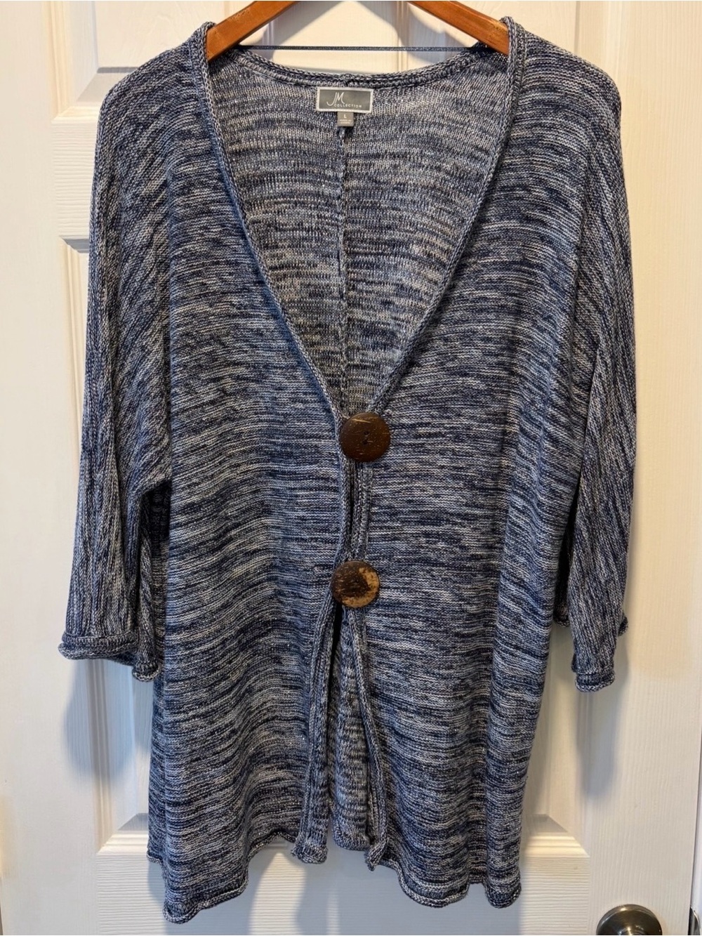 JM Collection Blue Marled V-Neck Button Front Cardigan
